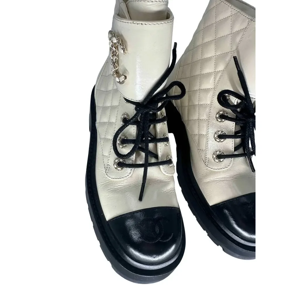 Chanel Goatskin Quilted Chain CC Cap Toe Lace Up Combat Boots Ivory Women's 37.5